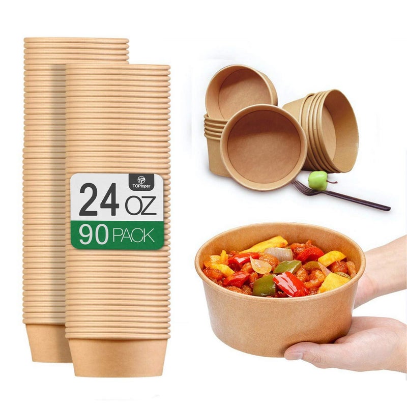TOPtoper 24 Oz Large Paper Bowlsã€WITHOUT LIDSã€‘ 90 Pack Disposable Soup Bowls Plastic Free Party Supplies for Hot/Cold Food, Soup (24 OZ) - Image 1